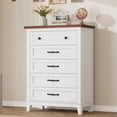 thumbnail image 1 of Commode à 5 Tiroirs pour Chambre, Commode Verticale de 41,3 Po de Hauteur avec Grand Rangement, Coffre de Garde-Robe Autoportant en Bois pour Chambre, Salon, Blanc + Brun, 1 of 7