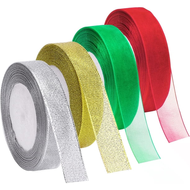 4 rollos de cintas de organza con purpurina metálica navideña de 4/5 pulgadas de ancho, cinta dorada, plateada, roja y verde para envolver regalos, decoración de la habitación del árbol de Navidad