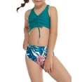 thumbnail image 3 of Seyurigaoka Daughter  Mother Family Matching Tankini Swimwear Solid Color Sleeveless Drawstring V-Neck Tops + Leaves Print Panties Split Bikini Set, 3 of 9