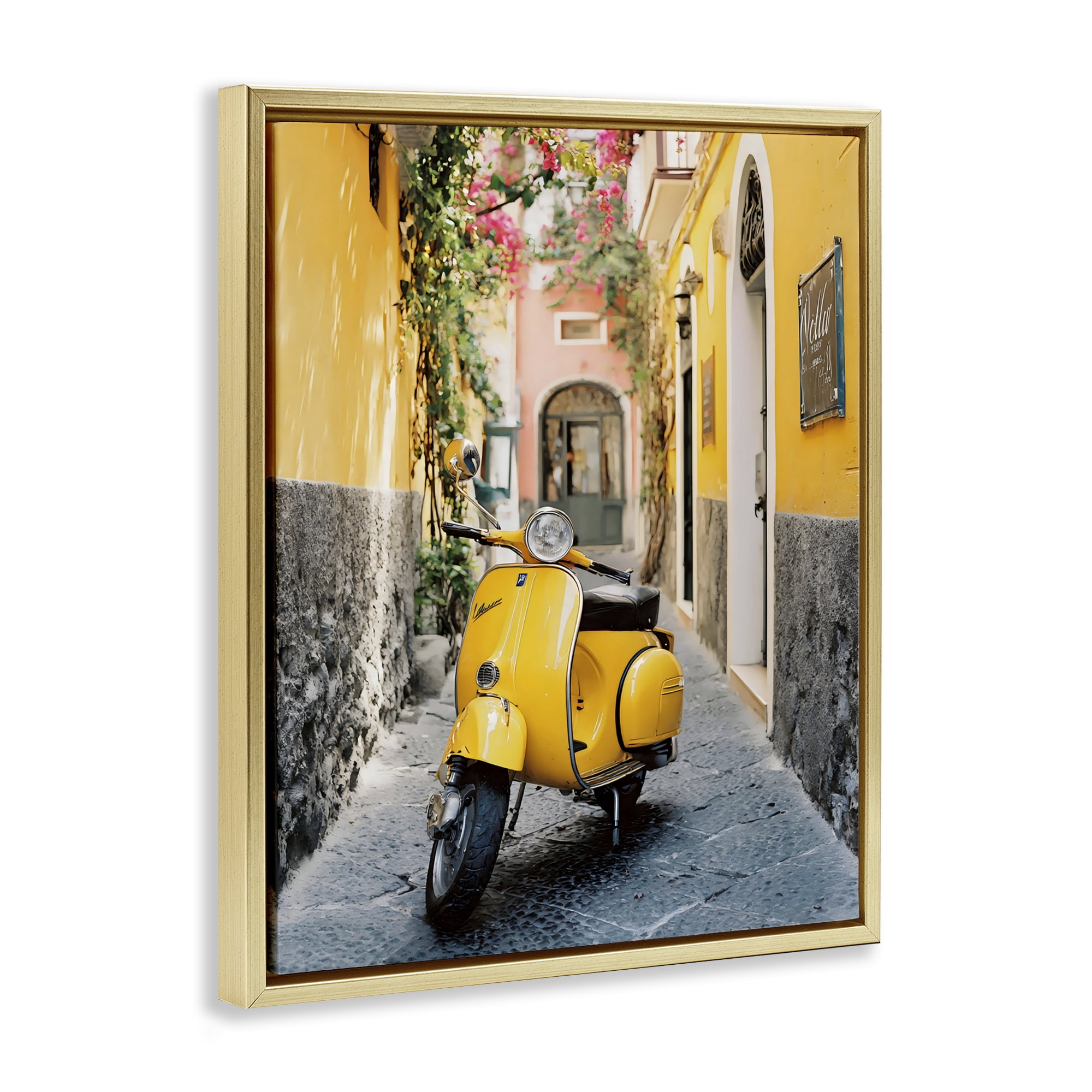 Stupell Industries Yellow Moped in Alley Gold Framed Floater Canvas Wall Art, design by Franklyn Gregory