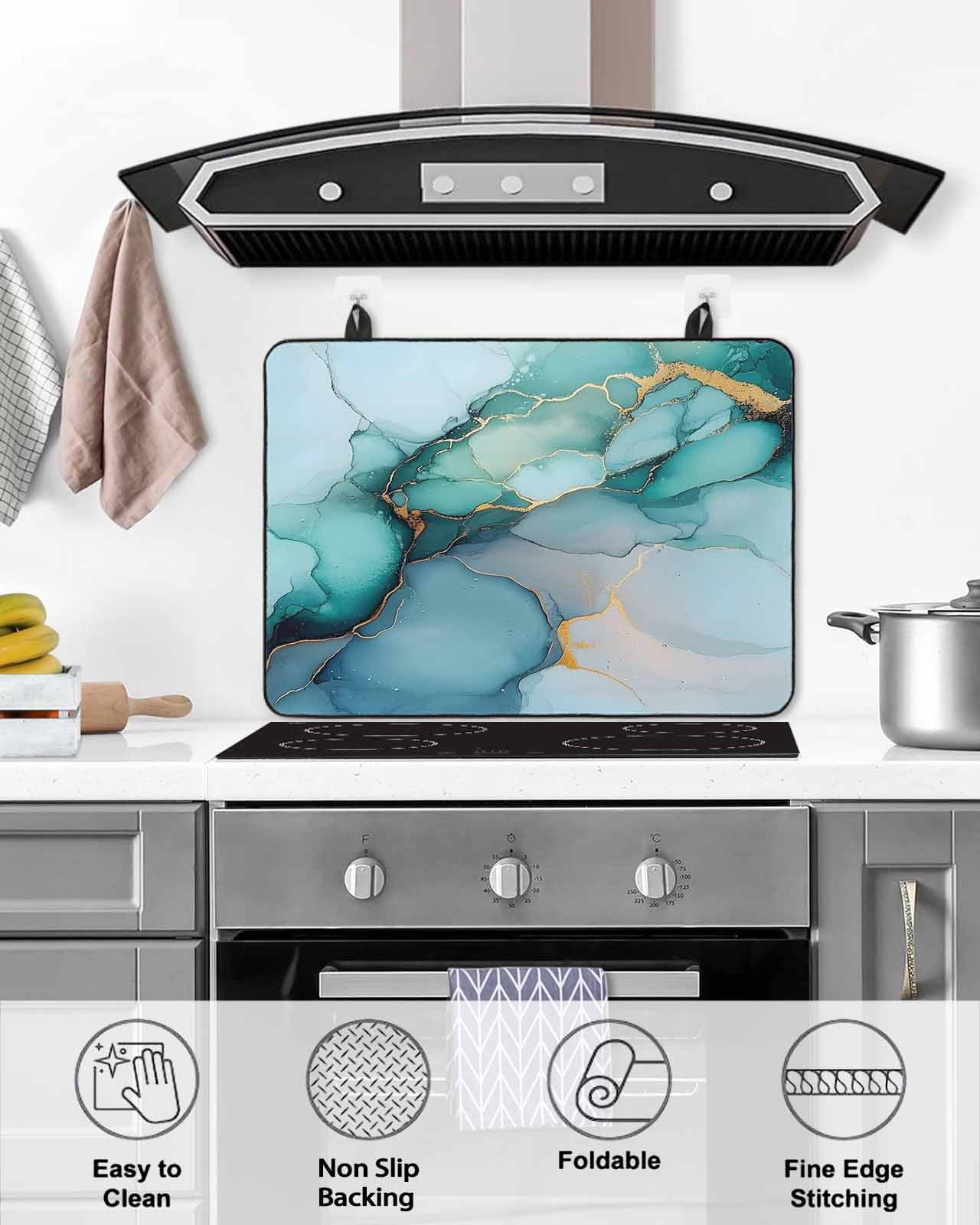 nqOlkjepod Large Induction Cooktop Protector Mat 36"x21", Turquoise Gold Marble Stove Top Covers for Electric Stove, Abstract Teal Modern Geometric Stove Burner Cover Mats, Glass Top Stove Cover