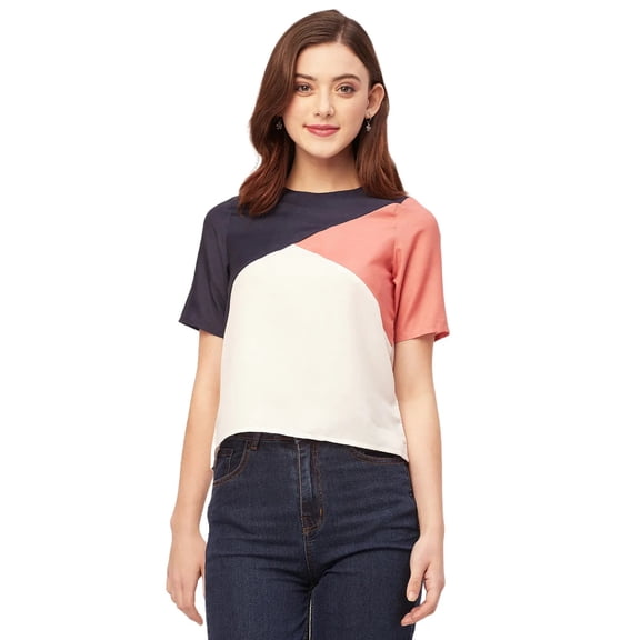 Moomaya Short Sleeve Round Neck Regular Fit Solid Top - Women's Casual Solid Top