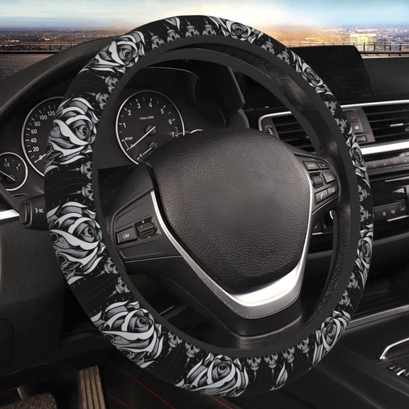 Steering Wheel Cover Anti-Slip Elastic Car Protective Universal 15 Inch Fit for Vehicles Auto SUVs , Skulls And Skull Rose Shape