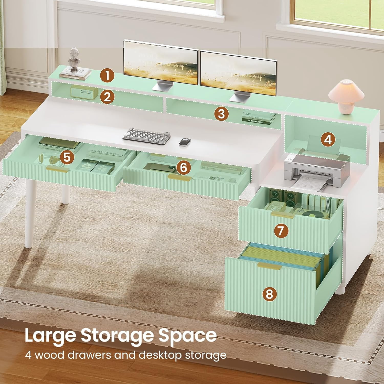 SEDETA Office Desk with 4 Storage Drawers, 59" Fluted Wood Gaming Computer Desk with LED Lights and Power Strip, Modern Writing Desk Study Table for Home Office, Living Room, Bedroom, White