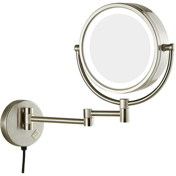 Wall Mirror, 8.5" LED Lighted Wall Mounted Makeup Mirror Double Sided Magnifying Vanity Mirror, 360° Swivel and Extending Shaving Mirror, USB Charging, for Hotel, Bathroom (Color : Nickel, Size : 10X