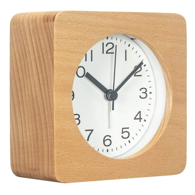 Reloj despertador cuadrado de madera con números arábigos, silencioso, retroiluminado, funciona con pilas, naturaleza