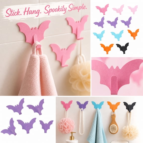 MSBF 5pcs Bat Adhesive Wall Hooks Self Adhesive No Drill Sticky Wall Hooks Strong Bathroom Kitchen Home Organizer Coat Robe Towel Holder