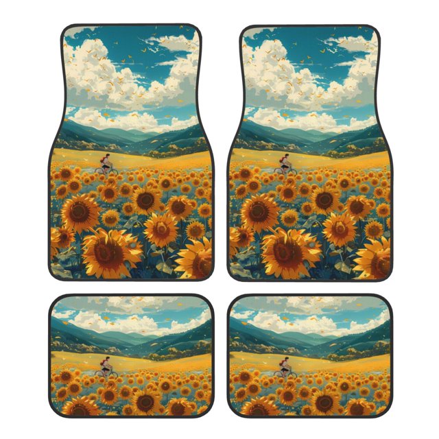 Kdxio Field Style Bicycle Young Sunflower Print Car Floor Mats Universal SUV Front Rear Floor Foot Mats 4-Piece Full Set with Non-Slip Rubber Backing Car Accessories for Most Cars