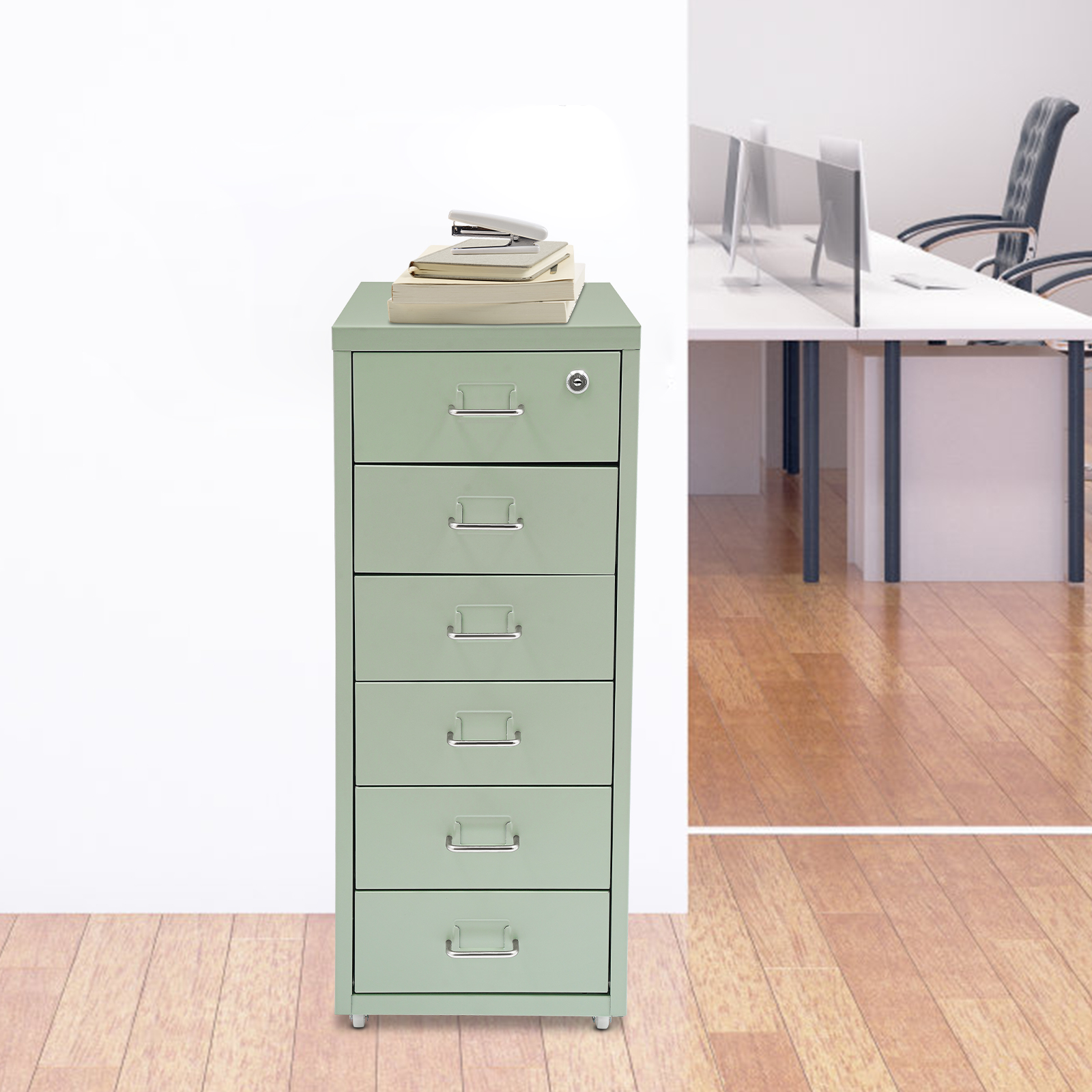 Green Drawer File Cabinet with Lock 6-Drawers Filing Chest Metal Vertical File Cabinet Organizers Movable Under Desk Storage Cabinets for Home Office-11*16*27in, Load 22lbs/ Each Tier, Rectangular