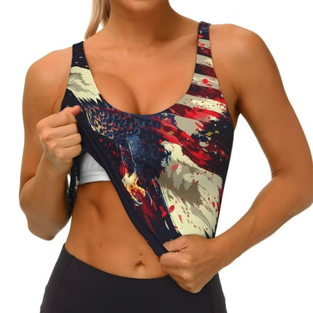Qokaie Watercolor Bald Eagle Pattern Womens Scoop Neck Sports Bra Breathable Workout Vest Padded U Back Medium Impact Fitness Gym Yoga Bra Workout Crop Top