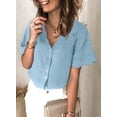 thumbnail image 5 of QWZNDZGR Womens Casual Solid Color Short Sleeve Shirt V Neck Button Down Blouses, 5 of 5