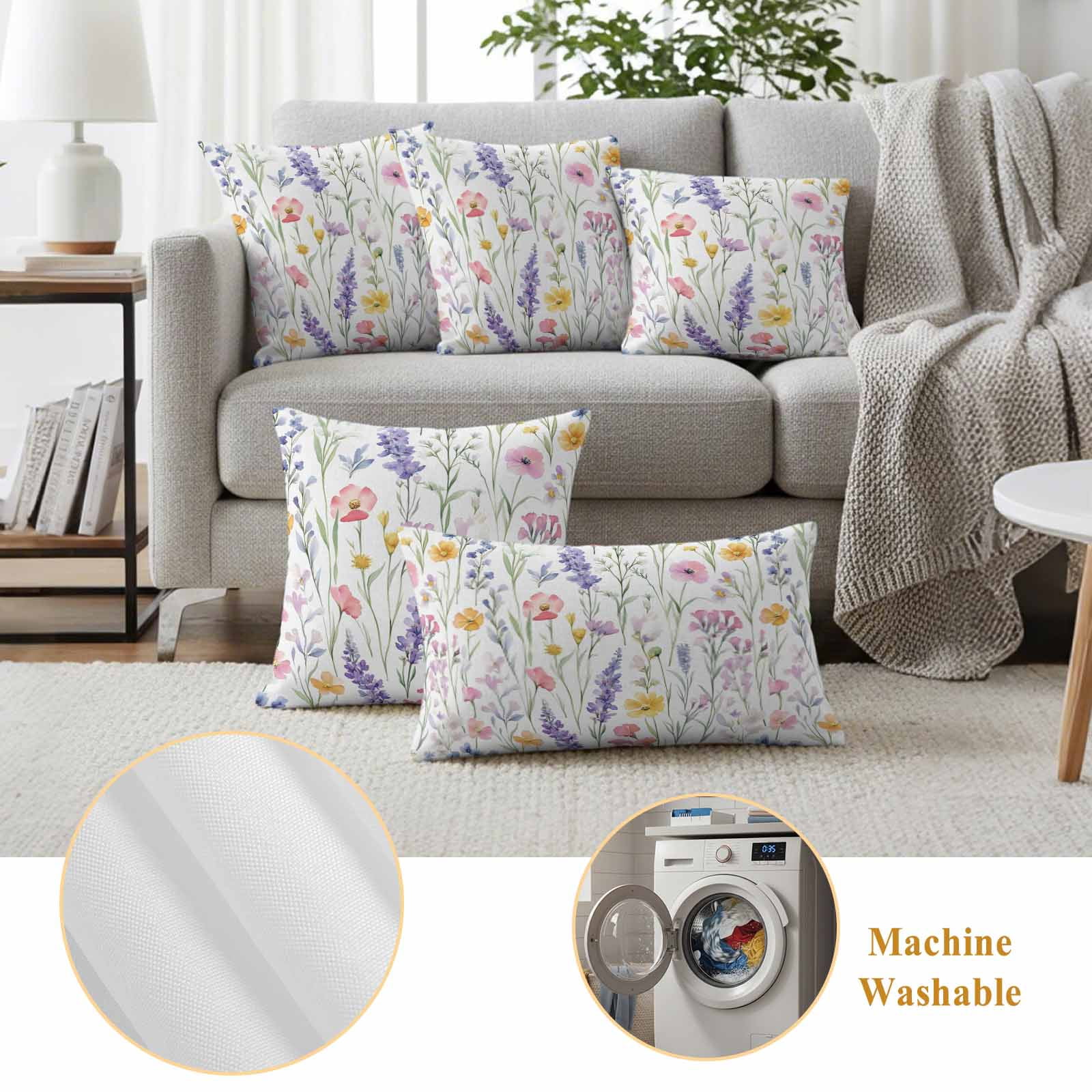 Spring Flower Pillow Covers 2 Pack Watercolor Retro Lavender Plant Wildflower Pillowcase Waterproof Outdoor Throw Pillow Cover for Patio Garden Square Cushion 24”x24”