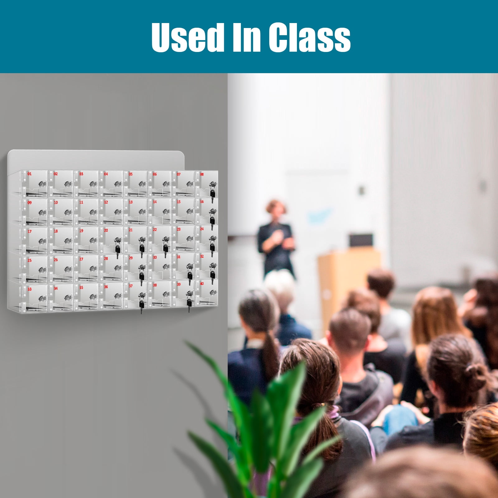 Cell Phone Locker Box, Clear Cell Phone Storage Acrylic Cell Phone Lock Box with Door Locks and Keys Wall Mounted Cell Phones Storage Cabinet for Office School Classroom Factory (40 Slots)