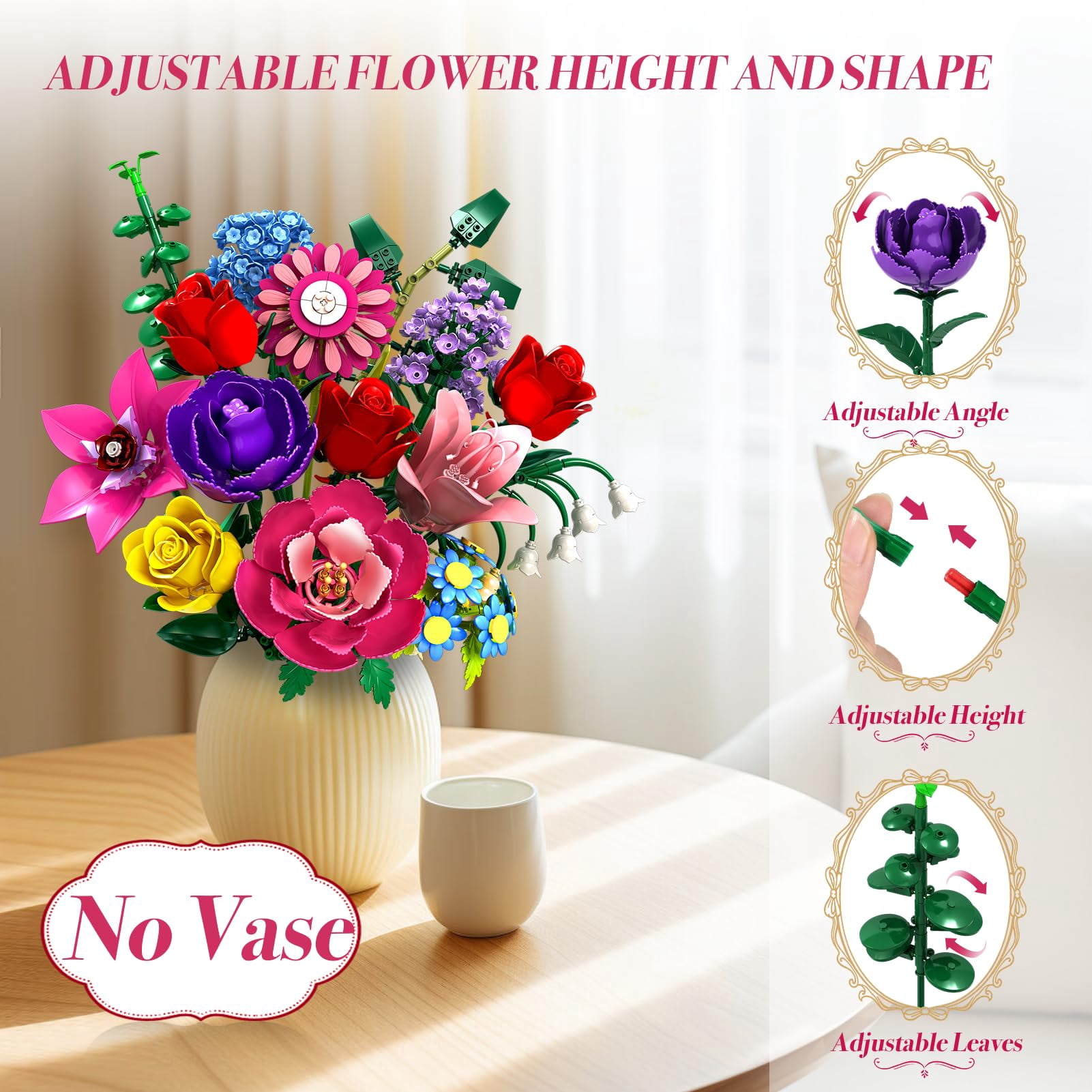 WIDELAND Flower Bouquet Building Set Compatible with Lego, 1020 PCS Botanical Collection Building Block ,  Christmas, Mother's Day, Valentine's Day Birthday Gift Toys for Girls Women 6+