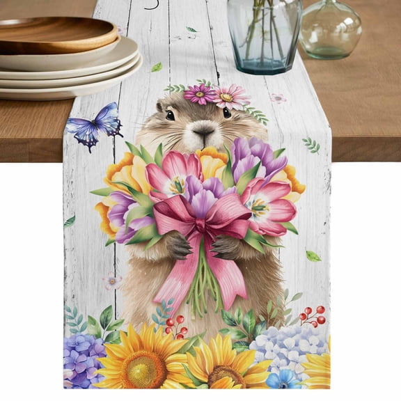 Spring Groundhog Table Runner 72 Inches, Watercolor Sunflower Botanical Vintage Bed Runner Dresser Scarves Tabletop for Indoor Outdoor Parties/Ceremony/Banquet, 14" x 72"