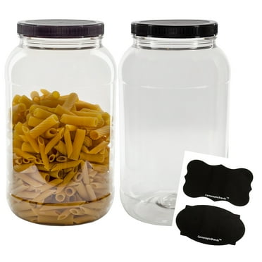 Cornucopia Brands Gallon Plastic Jars (2-Pack); Clear Round Containers w/ Black Ribbed Lids, BPA-Free 4-Quart Large Size