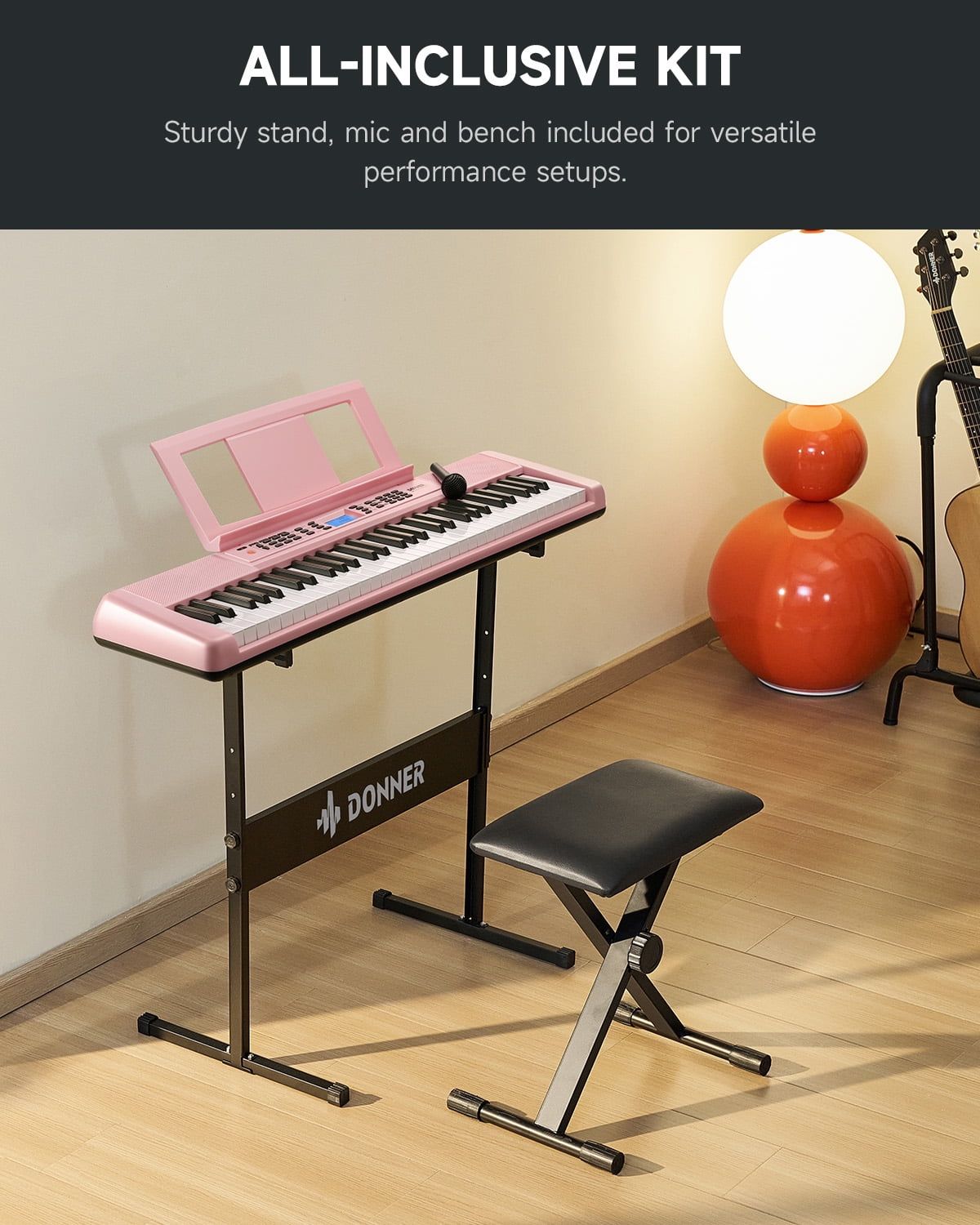 Donner DEK-200 61 Key Piano Full-Size Electronic Keyboard Set, Dual Keyboard, Auto Accompaniment, Metronome, Record, Includes 300 Tones and Rhythms, with Stand, Bench, Microphone, Pink