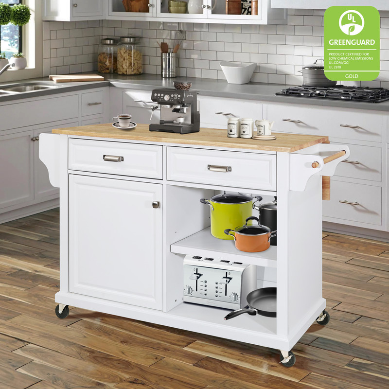 MultiFunctional Storage Island Cart with Rubberwood Countertop and