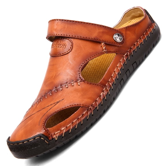 HAJWOH Men's Orthopedic Leather Closed-Toe Sandals Adjustable Non-Slip Breathable Summer Shoes Brown 45