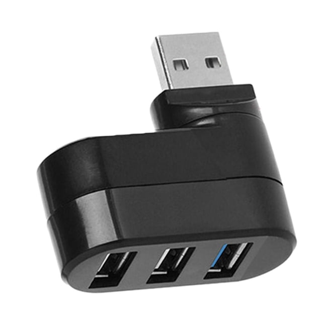 adaptador usb 3.0 2.0 hub negro perfke 3 puertos usb hub compacto con conector USB tipo A giratorio y carcasa ABS; vista 3/4 frontal que muestra tres puertos hembra USB (uno con interior azul que indica USB 3.0). Plug and play, tamaño aproximado 49x19x44 mm. También suele usarse para conectar varios periféricos USB en portátiles durante viaje.