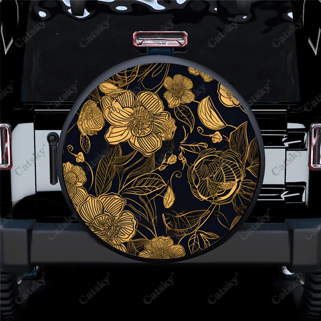 Subtle Gold Line Flowers Pattern Polyester Universal Spare Wheel Tire Cover Wheel Covers for Trailer RV SUV Truck Camper