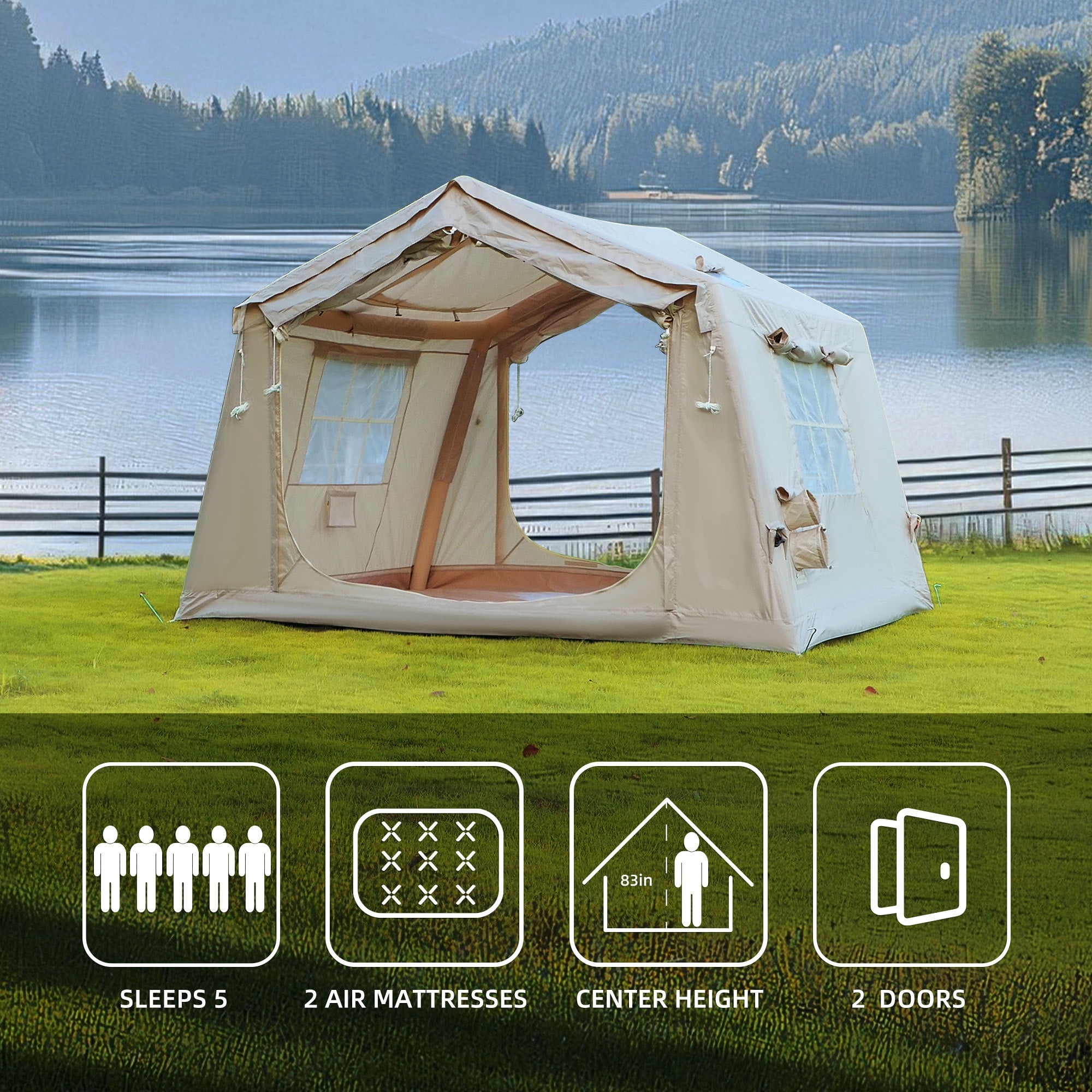 NOBOLEA Large Inflatable Tent 4-6 Person, 5-Min Quick Setup Blow Up Tent with Stove Jack & AC Port, Waterproof Oxford Tent with Air Pump for 4 Season Camping