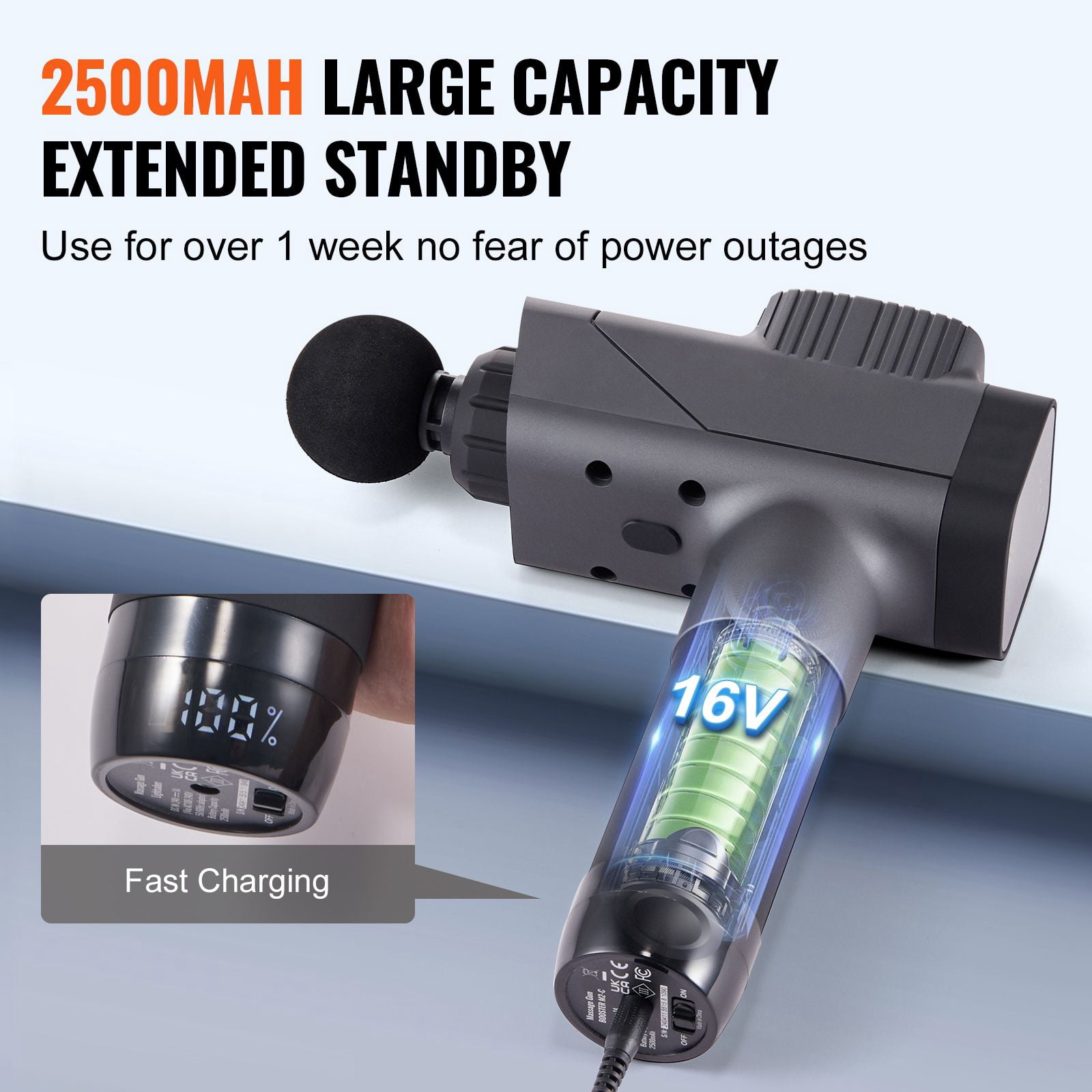 Massage Gun Deep Tissue Brushless Motor 8 Speeds 6 Heads 2500mAh 10mm Amplitude for Post-Workout Recovery