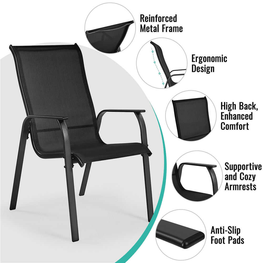 Renwick Outdoor Stackable Dining Chairs with Backrest, Set of 2, Black