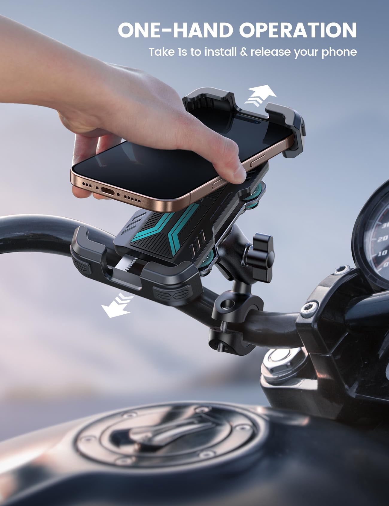 Motorcycle Phone Mount Holder - [Dual Vibration Dampener] [Metal Adjustment Arm] Motorcycle Cell Phone Holder, Bike Handlebar Phone Mount, Gifts for iPhone 16 15 14 Pro Max, 4.7-6.7" Phones