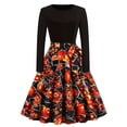 thumbnail image 1 of Robe Formelle pour Femmes Manches Longues Col Rond Robe Évasée Élégante Imprimé Halloween Automne Hiver Robe de Soirée, 1 of 6