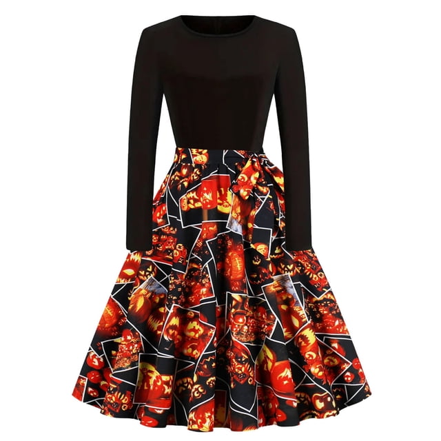 Robe Formelle pour Femmes Manches Longues Col Rond Robe Évasée Élégante Imprimé Halloween Automne Hiver Robe de Soirée