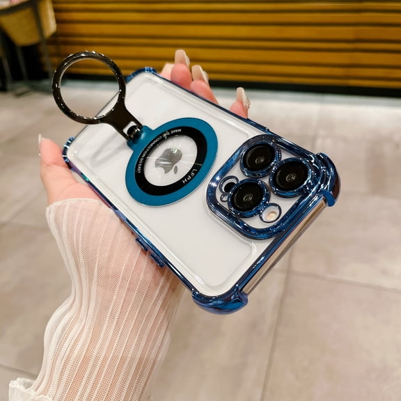 iPhone 15 Clear Case, Rotatable Ring Holder Magnetic Kickstand Cover Support Wireless Charging, Slim Lightweight Four Corner Anti-Fall Shockproof Case for iPhone 15, Blue