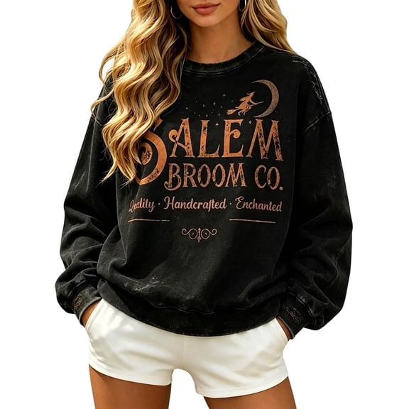 Halloween Sweatshirt Women's Salem Broom Company Printed Sweatshirt 2026 Loose Fit Witch Tee Halloween Sweatshirt