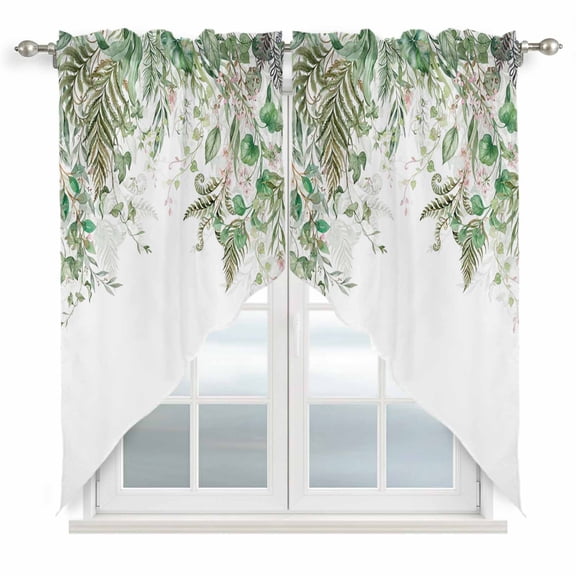 Swag Valance Curtains for Windows, Sage Green Leaves Light Filtering Kitchen Curtains with Rod Pocket, Weeping Spring Floral Elegant Pastoral Window Treatment Valances for Living Room, 36x63 - 2 PCS
