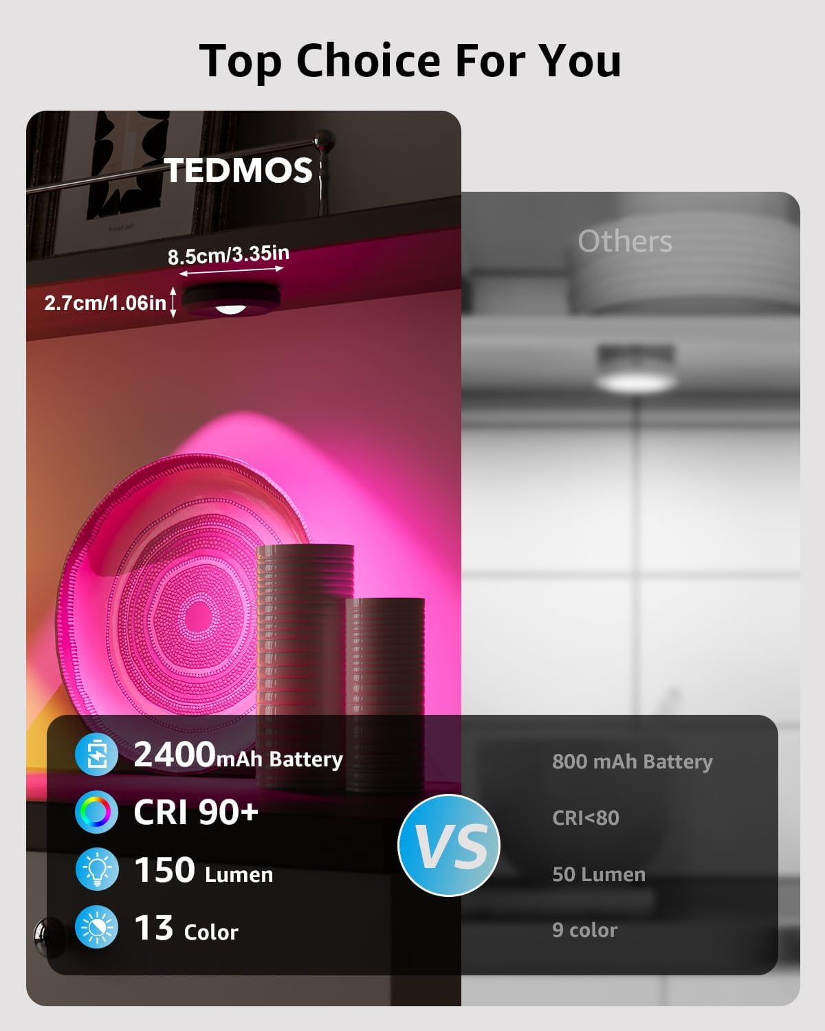 Tedmos Black Rechargeable Puck Lights with Remote, 2400mAh RGB Color Changing Under Cabinet Lighting, Wireless Shower Magnetic Push Light for Kitchen Counter Closet Shelf Battery Powered Tap Light