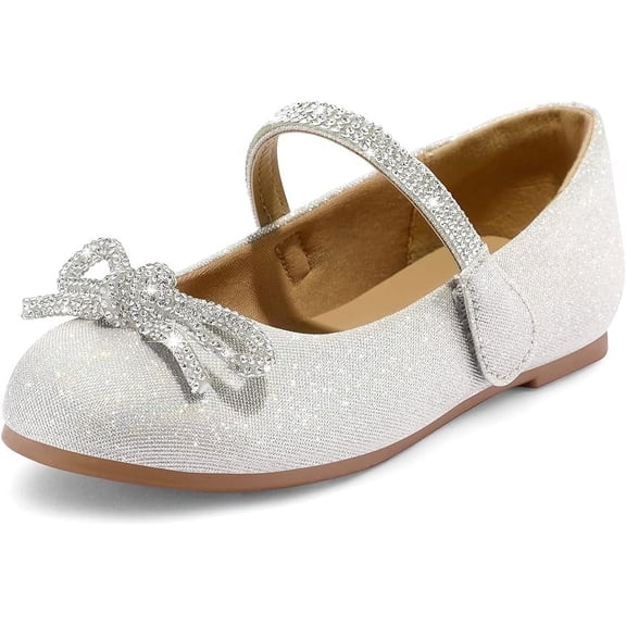 Kushyshoo Silver Girl's Bow Mary Jane Dress Shoes Ballet Princess Flats with Rhinestone Strap 13M