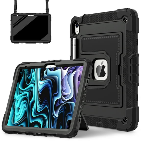 ELEHOLD 3-Layer Rugged Case For Apple Apple iPad 11th 10th Gen Heavy Duty Shockproof Cover, [Drop Protection], [Logo Visible], With Kickstand & Pencil Holder & Shoulder Strap, Black