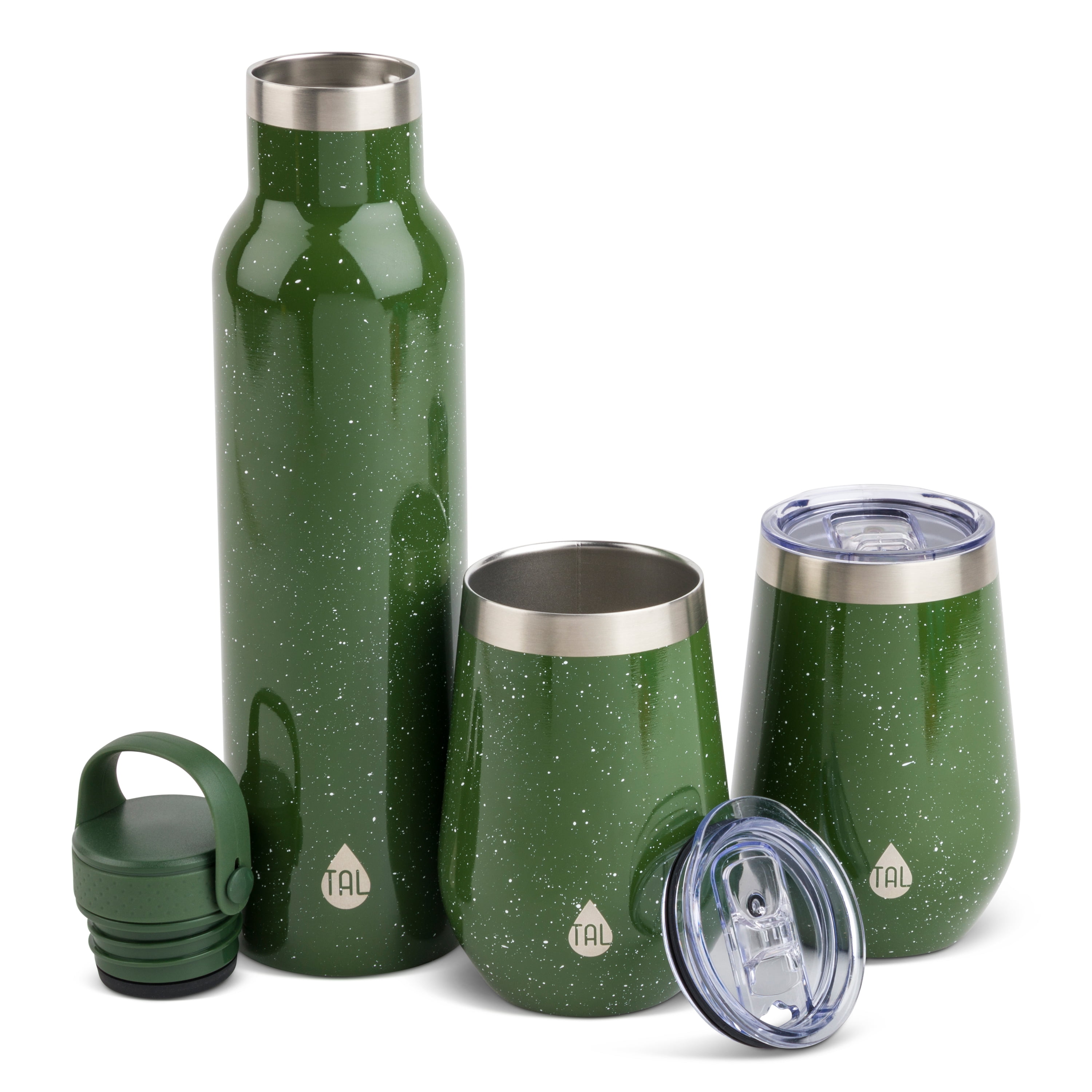 TAL Stainless Steel 26 fl oz Merlot Bottle and 12 fl oz Wine Tumbler, 3 Piece Set, Green Speckle