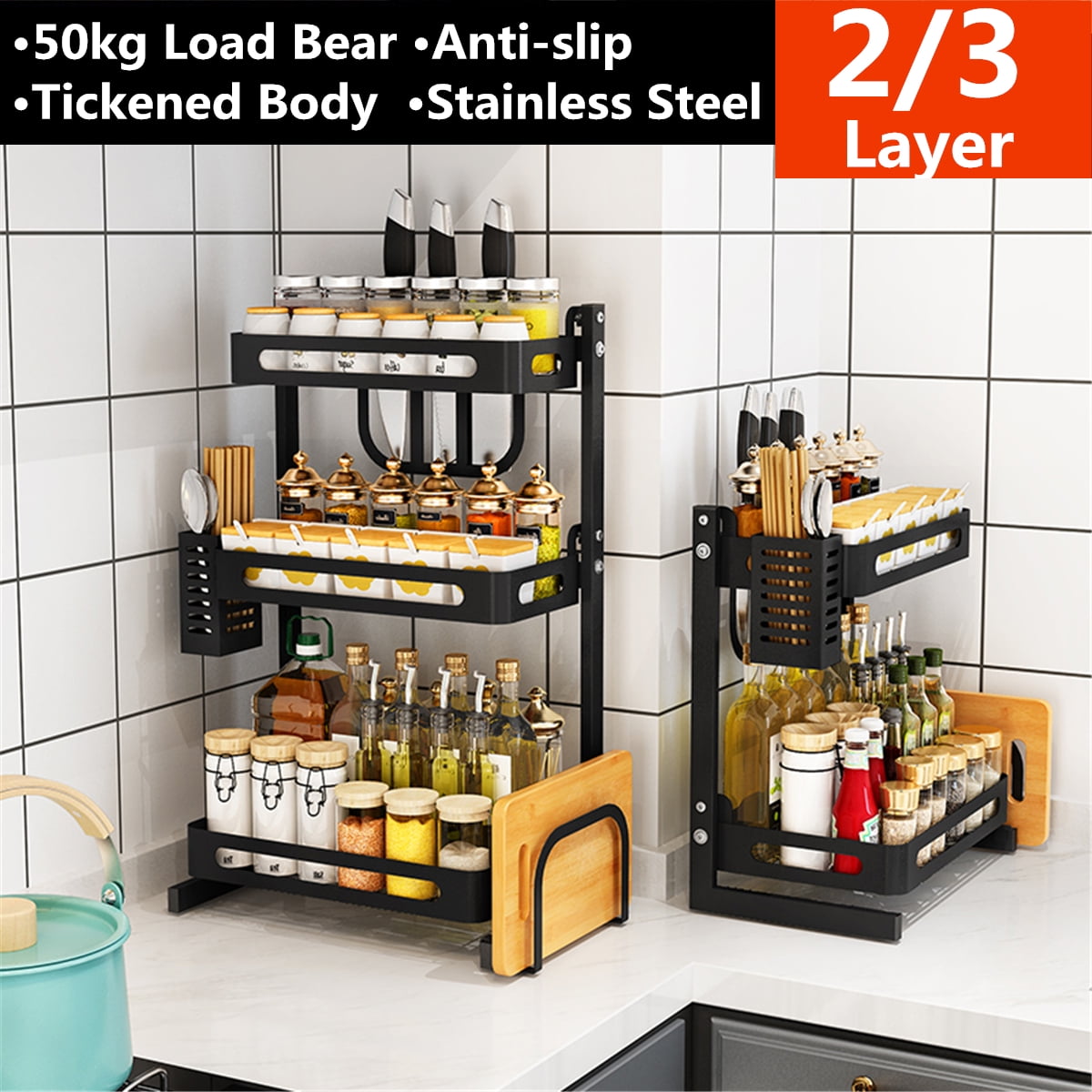 2 /3 Tier Spice Rack Freestanding Organizer Shelf for Kitchen