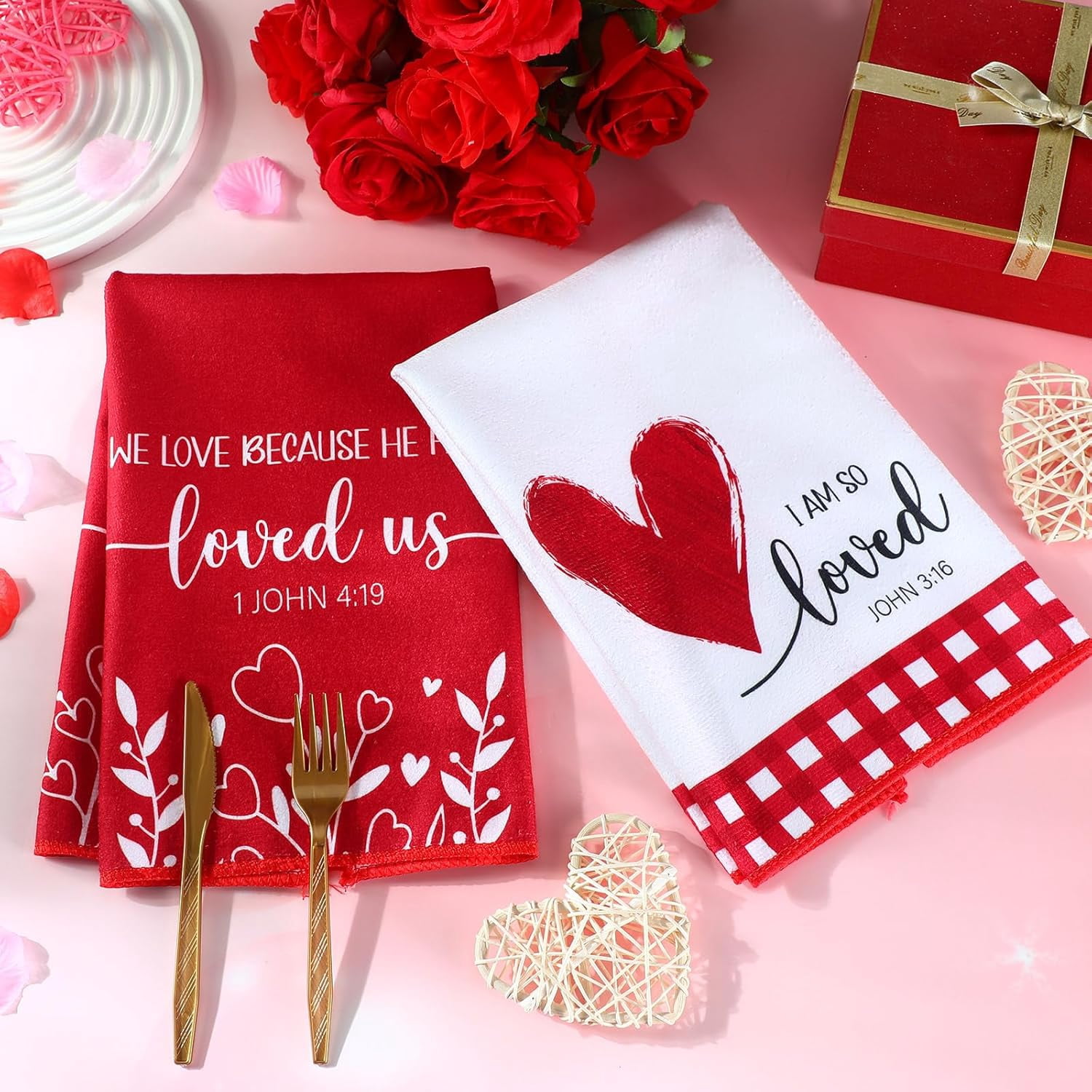 6 Set Christian Valentine''s Day Kitchen Towels Bible Verse Scripture Red Heart Valentines Dish Towels 18x26 Inch Sweet Love Bathroom Hand Drying Tea Dishcloth for Anniversary