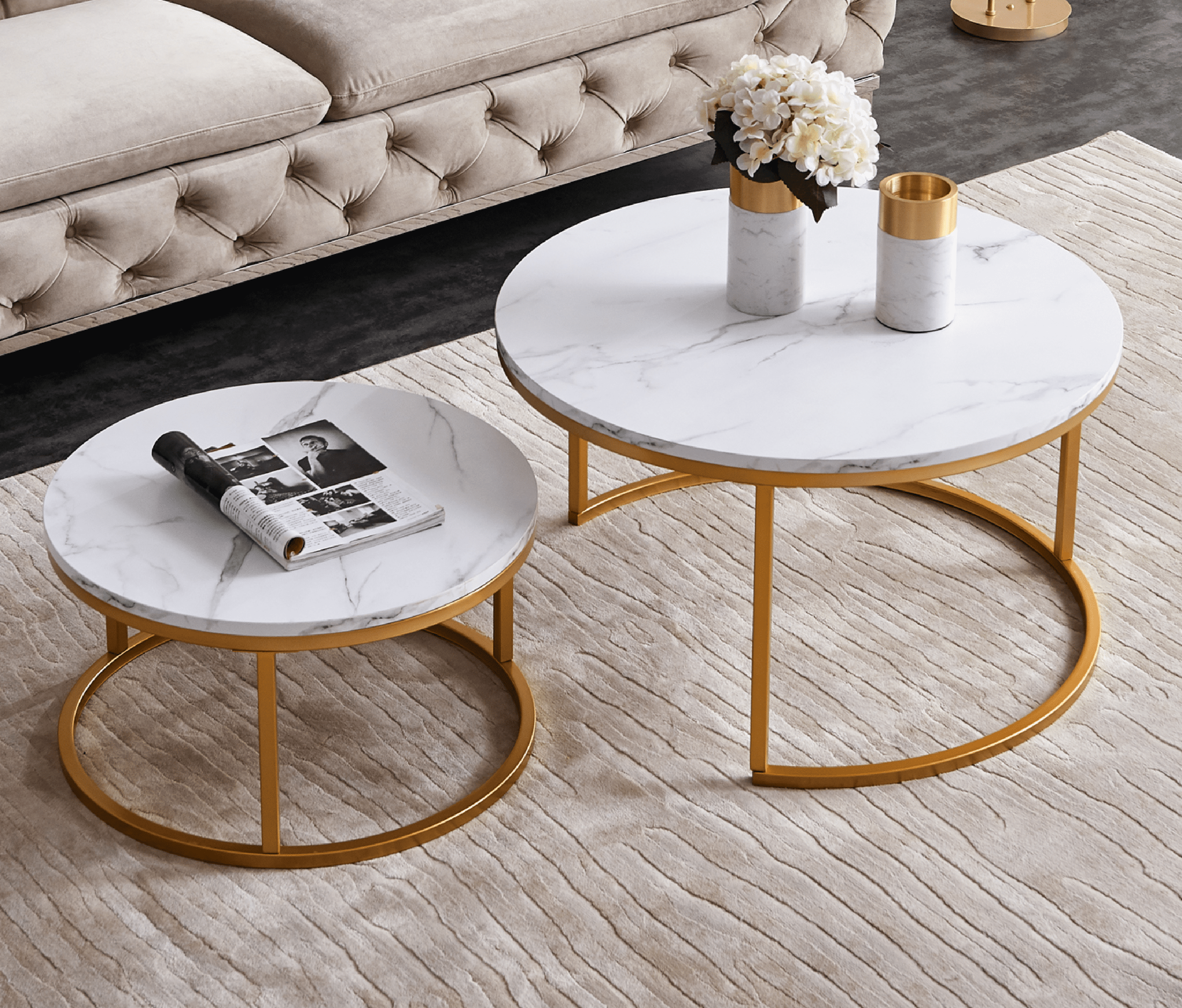 Knowlife Modern Nesting Coffee Table Round,Golden Color Frame with Marble Pattern Wood 32” 