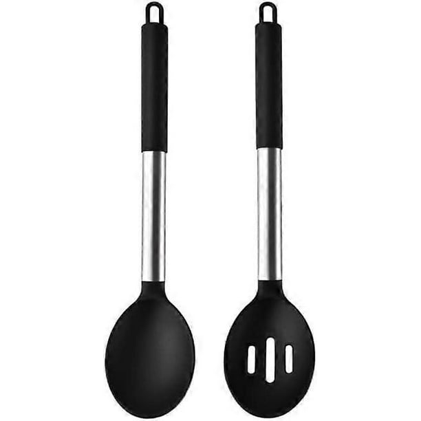 Set Of 2 Silicone Cooking Spoons, Non Stick Solid Basting Spoon, Heat-Resistant Kitchen Utensils, Mixing, Serving, Draining, Stirring(Black)