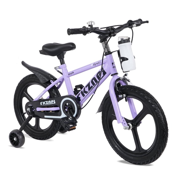 18 Inch Bicycle with Training Wheels, Night Glow, Adjustable Seat & Water Bottle, Purple