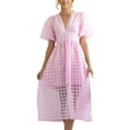 thumbnail image 2 of Coduop Women Elegant Short Lantern Sleeve Dress Mesh Plaid Texture V-Neck Mid-Length Dresses, 2 of 3