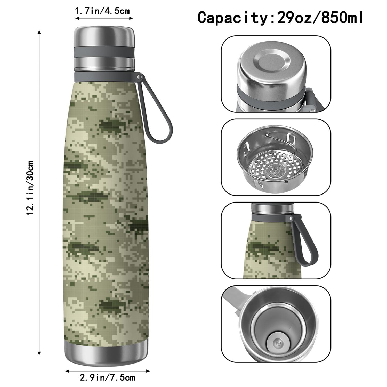 29oz Insulated Water Bottle with Tea Infuser, Stainless Steel Travel Mug, Camouflage Print