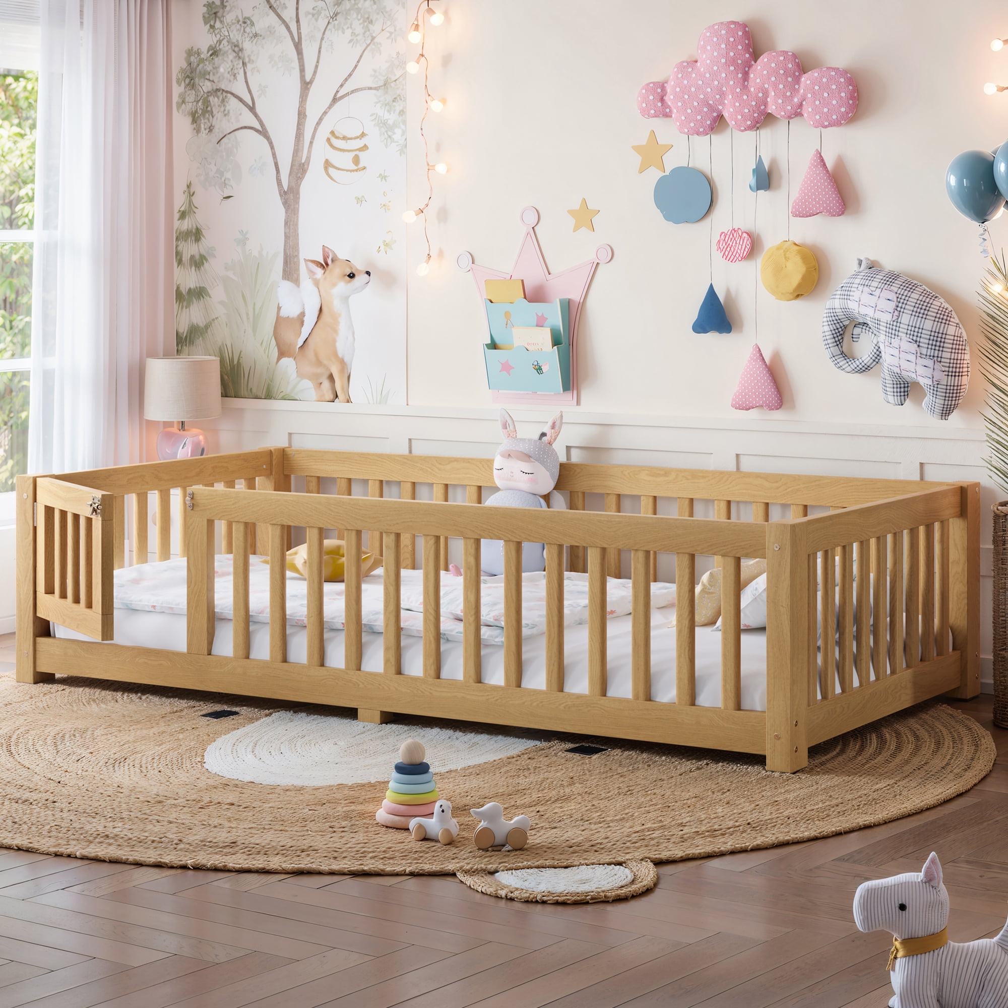 Twin Floor Bed 77.5 Inch, Solid Wood Bed Frame with Safety Guardrails and Door, Low Profile Montessori Bed for Kids Bedroom, Natural