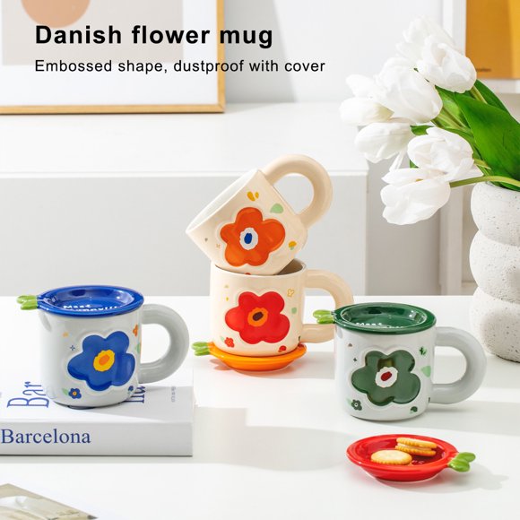 Mug Ceramic Lid Coffee Tea Milk Present Cups Teacups Water Mugs Flower Pattern Oatmeal Cup Handle Kitchen Office Cups Teacups Present Orange
