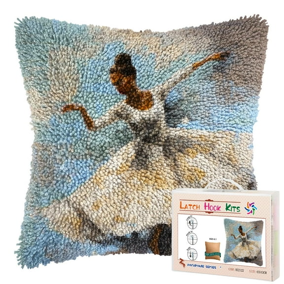 White Dress Ballerina Woman Dancing DIY Latch Hook Pillow Kits for Adults Printed Pillowcase Crochet Yarns Hooking Handmade Pillow Cover Cushion for Home Sofa Decoration 17x17inch(1)