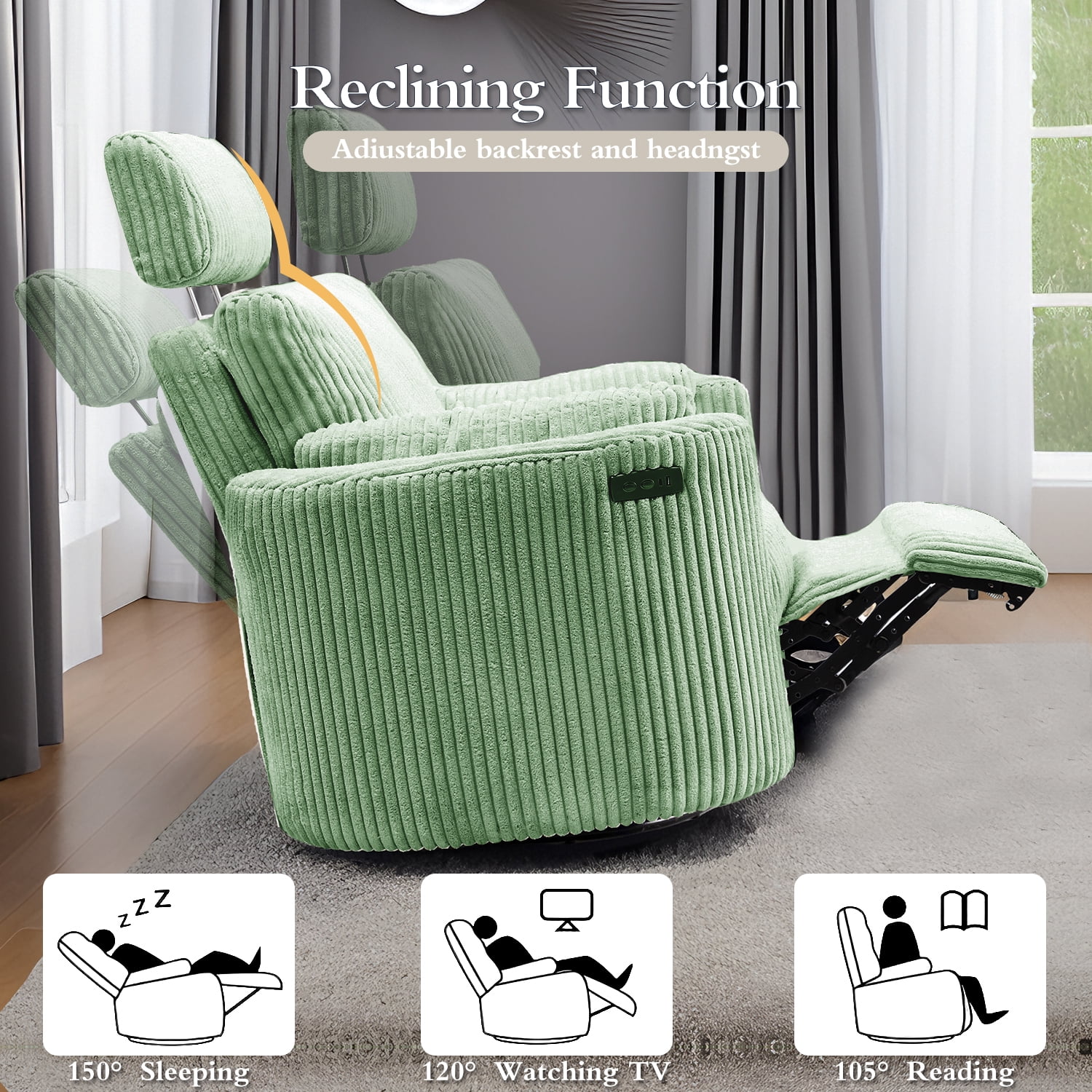 Cynefin Power Recliner Swivel Rocking Nursery Glider Rocker Chair with Headrest, USB and Type-c Port, Corduroy Electric Reclining Sofa Chair Arm Chair for Living Room