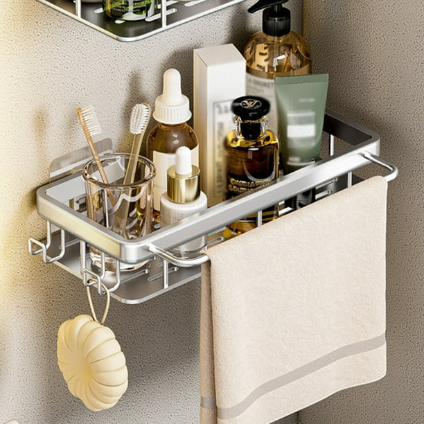 Organizador de estantería para caddy de ducha - Montado en la pared sin taladros, aluminio oxidable con ganchos, estante de baño y cocina de 12x5 pulgadas